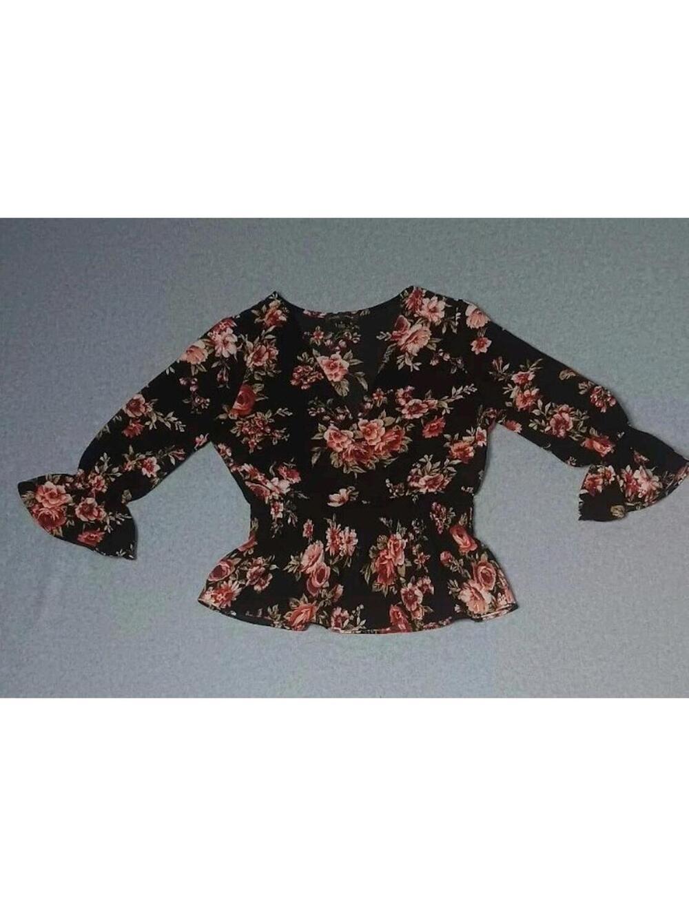 Moa Moa 3/4 Ruffled Sleeve Peplum Blouse Womens Size Small Black With Pink...